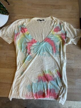 V-Neck Tie-Dye Short Sleeve Women's Top - Cream with Pink, Blue & Yellow